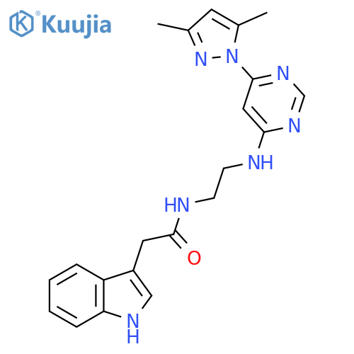 N-(2-{6-(3,5-dimethyl-1H-pyrazol-1-yl)pyrimidin-4-ylamino}ethyl)-2-(1H-indol-3-yl)acetamide structure