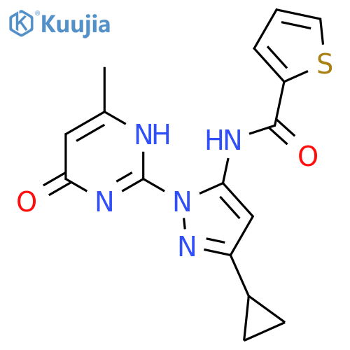 N-3-cyclopropyl-1-(4-methyl-6-oxo-1,6-dihydropyrimidin-2-yl)-1H-pyrazol-5-ylthiophene-2-carboxamide structure