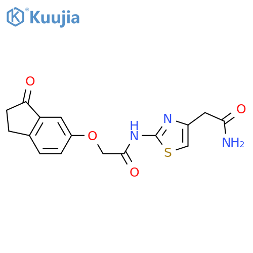 N-[4-(carbamoylmethyl)-1,3-thiazol-2-yl]-2-[(3-oxo-2,3-dihydro-1H-inden-5-yl)oxy]acetamide structure