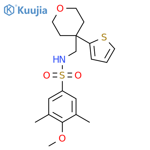 4-methoxy-3,5-dimethyl-N-{4-(thiophen-2-yl)oxan-4-ylmethyl}benzene-1-sulfonamide structure