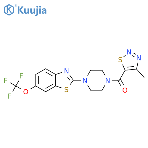 2-[4-(4-methyl-1,2,3-thiadiazole-5-carbonyl)piperazin-1-yl]-6-(trifluoromethoxy)-1,3-benzothiazole structure