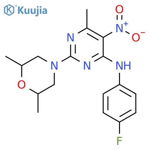 2-(2,6-dimethylmorpholin-4-yl)-N-(4-fluorophenyl)-6-methyl-5-nitropyrimidin-4-amine structure