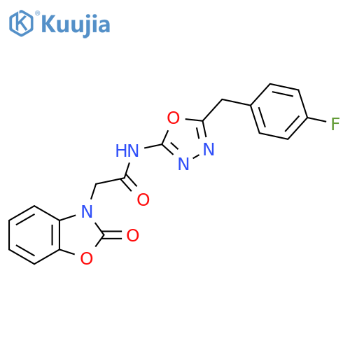 N-{5-(4-fluorophenyl)methyl-1,3,4-oxadiazol-2-yl}-2-(2-oxo-2,3-dihydro-1,3-benzoxazol-3-yl)acetamide structure