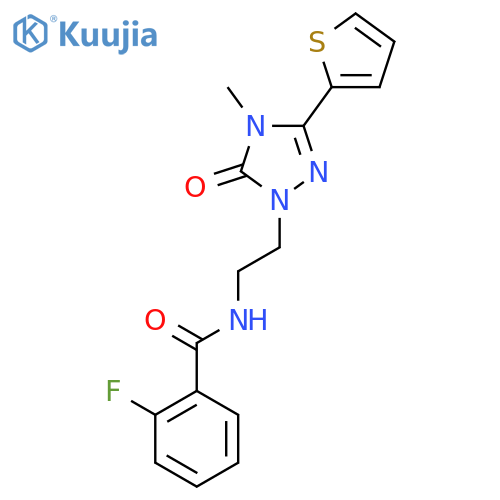 2-fluoro-N-{2-4-methyl-5-oxo-3-(thiophen-2-yl)-4,5-dihydro-1H-1,2,4-triazol-1-ylethyl}benzamide structure