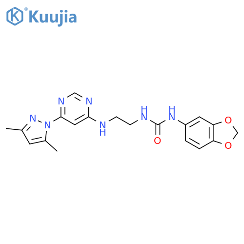 3-(2H-1,3-benzodioxol-5-yl)-1-(2-{6-(3,5-dimethyl-1H-pyrazol-1-yl)pyrimidin-4-ylamino}ethyl)urea structure