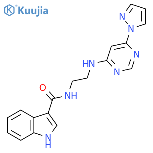 N-(2-{6-(1H-pyrazol-1-yl)pyrimidin-4-ylamino}ethyl)-1H-indole-3-carboxamide structure