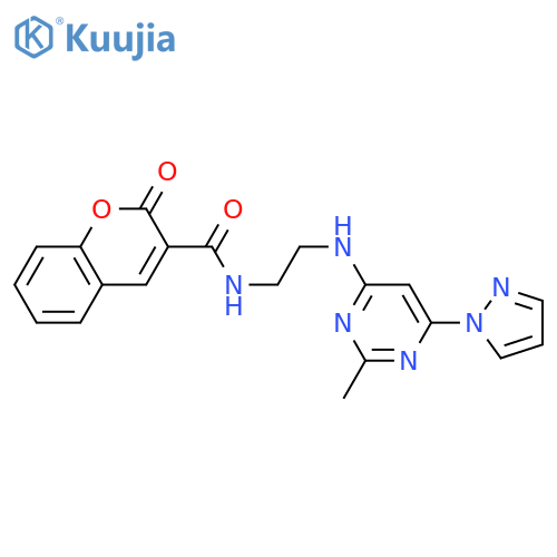 N-(2-{2-methyl-6-(1H-pyrazol-1-yl)pyrimidin-4-ylamino}ethyl)-2-oxo-2H-chromene-3-carboxamide structure