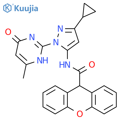 N-3-cyclopropyl-1-(4-methyl-6-oxo-1,6-dihydropyrimidin-2-yl)-1H-pyrazol-5-yl-9H-xanthene-9-carboxamide structure