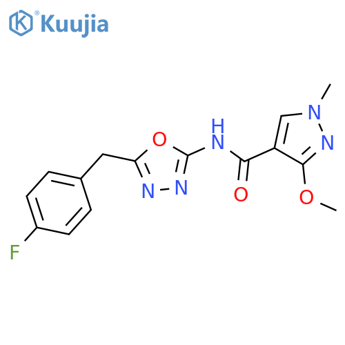 N-{5-(4-fluorophenyl)methyl-1,3,4-oxadiazol-2-yl}-3-methoxy-1-methyl-1H-pyrazole-4-carboxamide structure