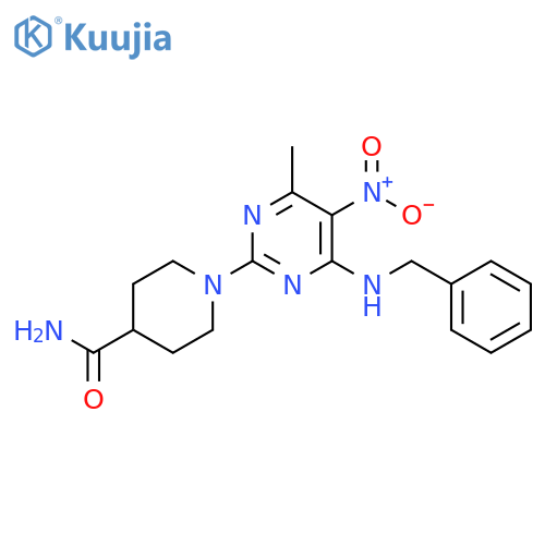1-4-(benzylamino)-6-methyl-5-nitropyrimidin-2-ylpiperidine-4-carboxamide structure
