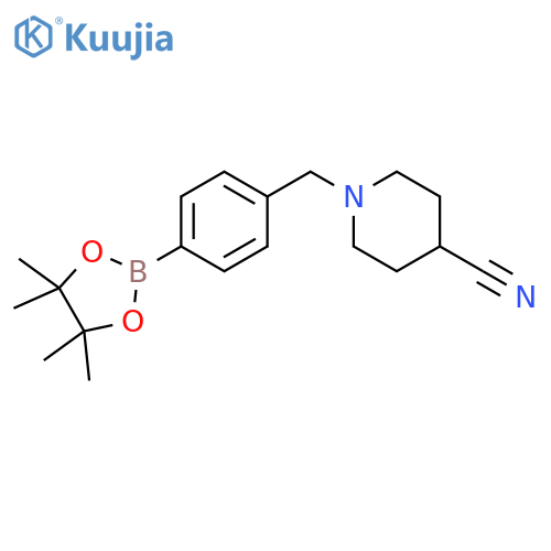 1-{[4-(tetramethyl-1,3,2-dioxaborolan-2-yl)phenyl]methyl}piperidine-4-carbonitrile structure