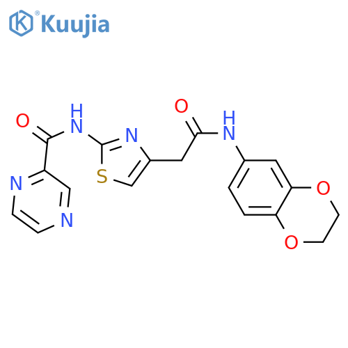 N-(4-{(2,3-dihydro-1,4-benzodioxin-6-yl)carbamoylmethyl}-1,3-thiazol-2-yl)pyrazine-2-carboxamide structure