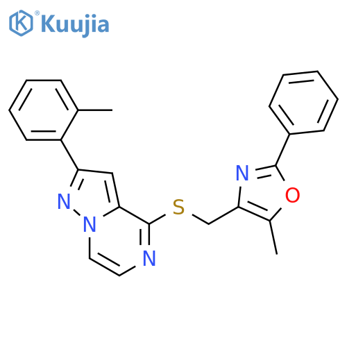 5-methyl-4-({[2-(2-methylphenyl)pyrazolo[1,5-a]pyrazin-4-yl]sulfanyl}methyl)-2-phenyl-1,3-oxazole structure