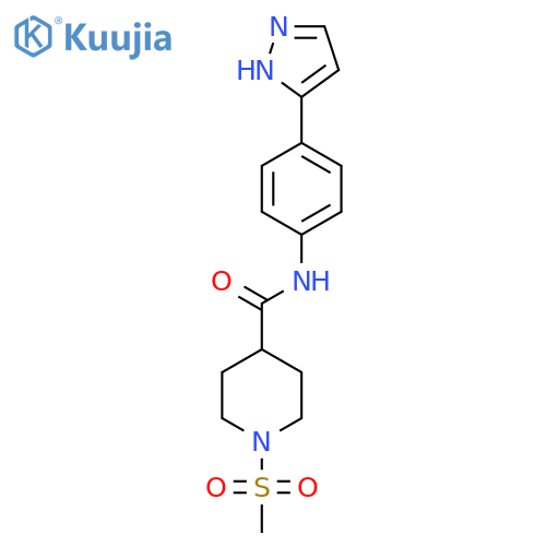 1-methanesulfonyl-N-4-(1H-pyrazol-3-yl)phenylpiperidine-4-carboxamide structure