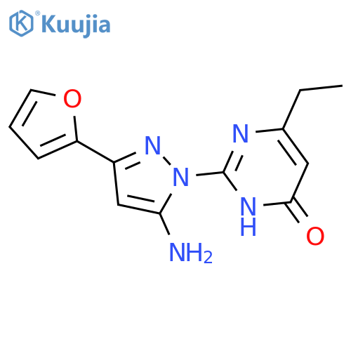 2-[5-amino-3-(furan-2-yl)-1H-pyrazol-1-yl]-6-ethyl-3,4-dihydropyrimidin-4-one structure