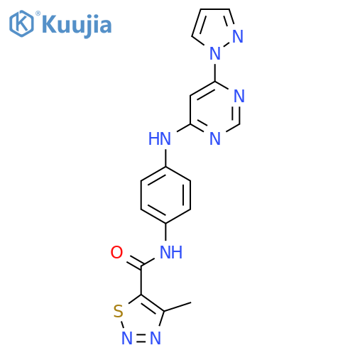 4-methyl-N-(4-{6-(1H-pyrazol-1-yl)pyrimidin-4-ylamino}phenyl)-1,2,3-thiadiazole-5-carboxamide structure