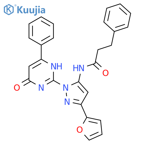 N-3-(furan-2-yl)-1-(6-oxo-4-phenyl-1,6-dihydropyrimidin-2-yl)-1H-pyrazol-5-yl-3-phenylpropanamide structure
