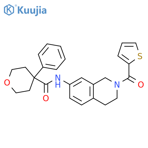 4-phenyl-N-2-(thiophene-2-carbonyl)-1,2,3,4-tetrahydroisoquinolin-7-yloxane-4-carboxamide structure