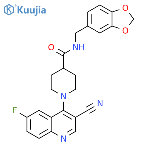 N-[(2H-1,3-benzodioxol-5-yl)methyl]-1-(3-cyano-6-fluoroquinolin-4-yl)piperidine-4-carboxamide structure