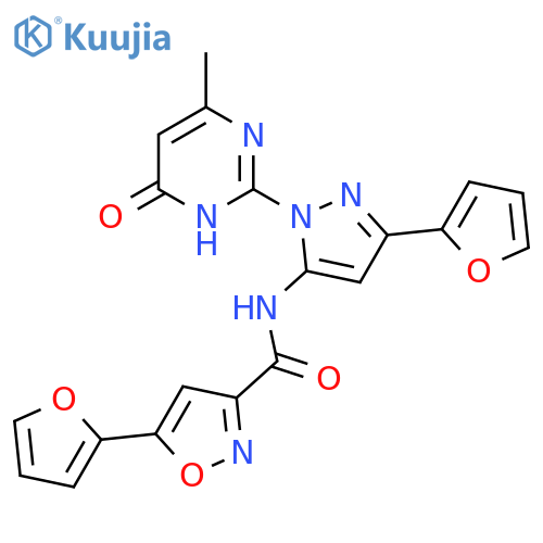 5-(furan-2-yl)-N-[3-(furan-2-yl)-1-(4-methyl-6-oxo-1,6-dihydropyrimidin-2-yl)-1H-pyrazol-5-yl]-1,2-oxazole-3-carboxamide structure