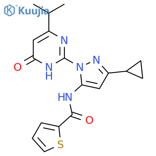 N-{3-cyclopropyl-1-6-oxo-4-(propan-2-yl)-1,6-dihydropyrimidin-2-yl-1H-pyrazol-5-yl}thiophene-2-carboxamide structure