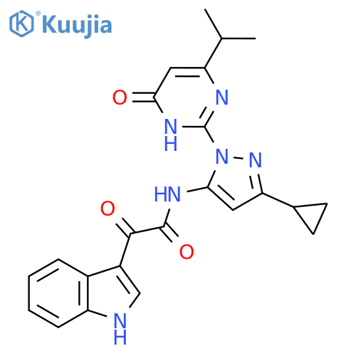 N-{3-cyclopropyl-1-6-oxo-4-(propan-2-yl)-1,6-dihydropyrimidin-2-yl-1H-pyrazol-5-yl}-2-(1H-indol-3-yl)-2-oxoacetamide structure