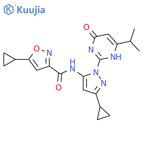 5-cyclopropyl-N-{3-cyclopropyl-1-6-oxo-4-(propan-2-yl)-1,6-dihydropyrimidin-2-yl-1H-pyrazol-5-yl}-1,2-oxazole-3-carboxamide structure