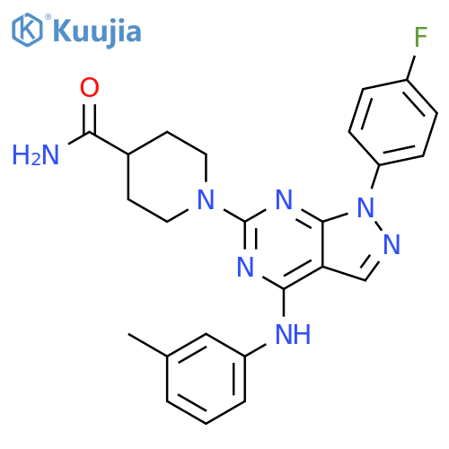 1-1-(4-fluorophenyl)-4-(3-methylphenyl)amino-1H-pyrazolo3,4-dpyrimidin-6-ylpiperidine-4-carboxamide structure