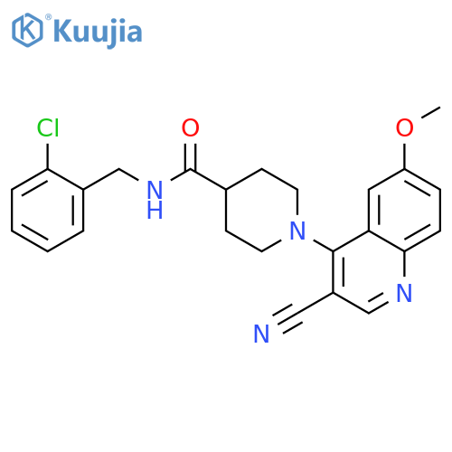 N-[(2-chlorophenyl)methyl]-1-(3-cyano-6-methoxyquinolin-4-yl)piperidine-4-carboxamide structure