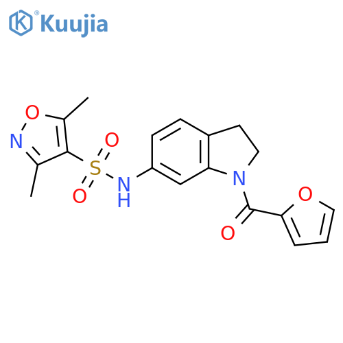 N-1-(furan-2-carbonyl)-2,3-dihydro-1H-indol-6-yl-3,5-dimethyl-1,2-oxazole-4-sulfonamide structure