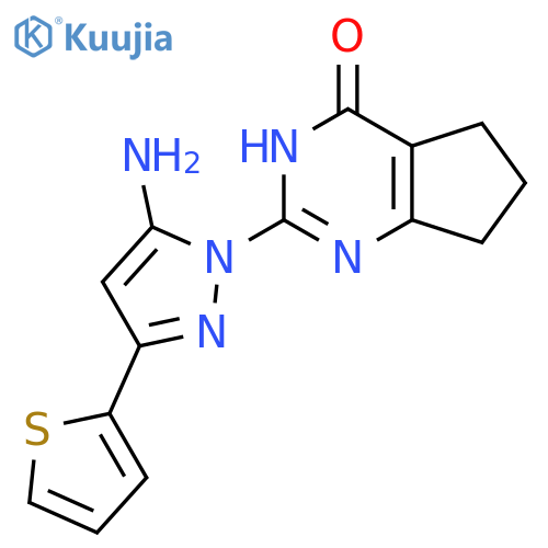 2-5-amino-3-(thiophen-2-yl)-1H-pyrazol-1-yl-3H,4H,5H,6H,7H-cyclopentadpyrimidin-4-one structure