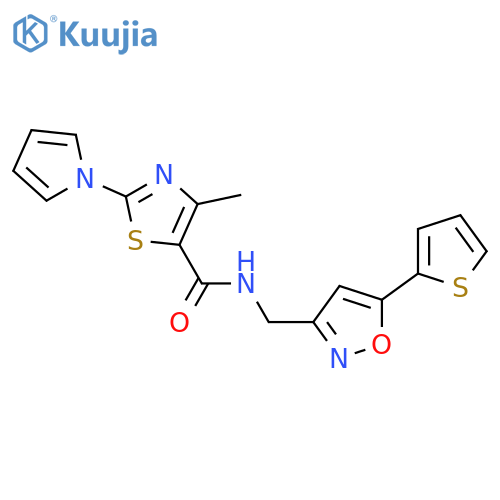 4-methyl-2-(1H-pyrrol-1-yl)-N-{5-(thiophen-2-yl)-1,2-oxazol-3-ylmethyl}-1,3-thiazole-5-carboxamide structure