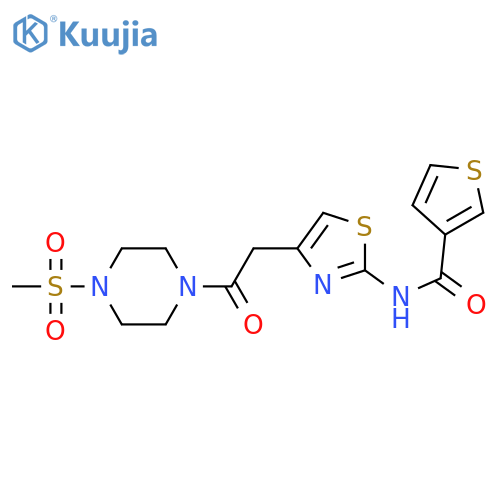 N-[4-[2-(4-methylsulfonylpiperazin-1-yl)-2-oxoethyl]-1,3-thiazol-2-yl]thiophene-3-carboxamide structure