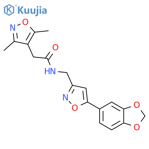 N-{5-(2H-1,3-benzodioxol-5-yl)-1,2-oxazol-3-ylmethyl}-2-(3,5-dimethyl-1,2-oxazol-4-yl)acetamide structure