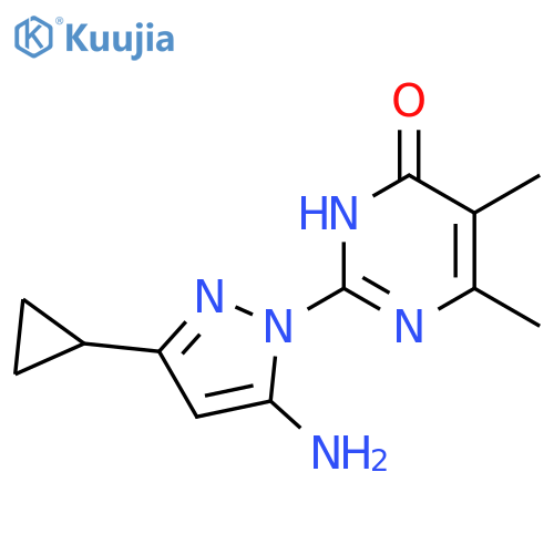 2-(5-amino-3-cyclopropyl-1H-pyrazol-1-yl)-5,6-dimethyl-3,4-dihydropyrimidin-4-one structure
