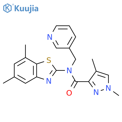 N-(5,7-dimethyl-1,3-benzothiazol-2-yl)-1,4-dimethyl-N-(pyridin-3-yl)methyl-1H-pyrazole-3-carboxamide structure