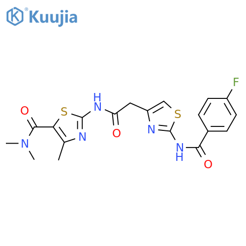2-{2-[2-(4-fluorobenzamido)-1,3-thiazol-4-yl]acetamido}-N,N,4-trimethyl-1,3-thiazole-5-carboxamide structure