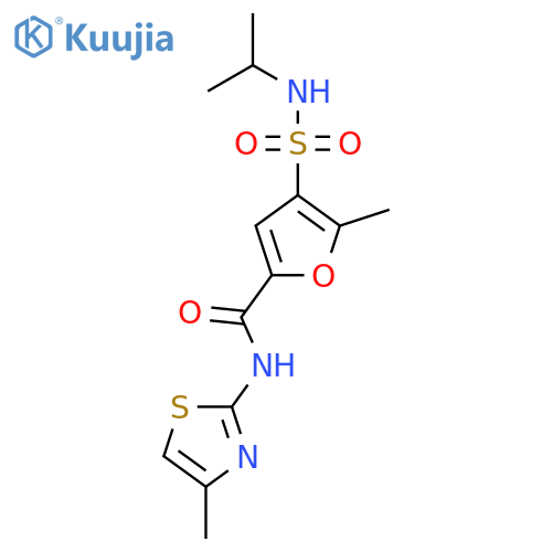 5-methyl-N-(4-methyl-1,3-thiazol-2-yl)-4-(propan-2-yl)sulfamoylfuran-2-carboxamide structure