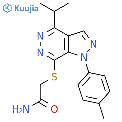2-{1-(4-methylphenyl)-4-(propan-2-yl)-1H-pyrazolo3,4-dpyridazin-7-ylsulfanyl}acetamide structure