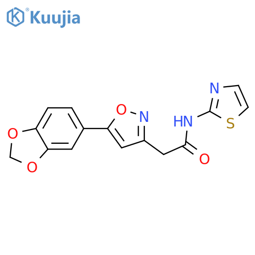 2-5-(2H-1,3-benzodioxol-5-yl)-1,2-oxazol-3-yl-N-(1,3-thiazol-2-yl)acetamide structure