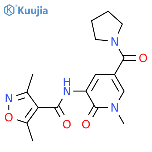3,5-dimethyl-N-[1-methyl-2-oxo-5-(pyrrolidine-1-carbonyl)-1,2-dihydropyridin-3-yl]-1,2-oxazole-4-carboxamide structure