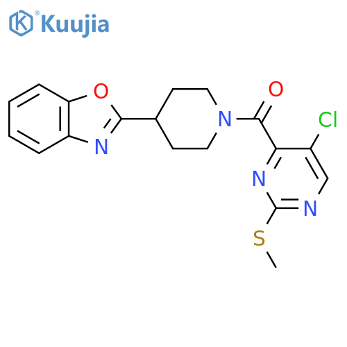 2-{1-[5-Chloro-2-(methylsulfanyl)pyrimidine-4-carbonyl]piperidin-4-yl}-1,3-benzoxazole structure
