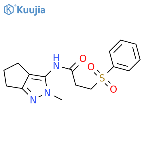 3-(benzenesulfonyl)-N-{2-methyl-2H,4H,5H,6H-cyclopenta[c]pyrazol-3-yl}propanamide structure