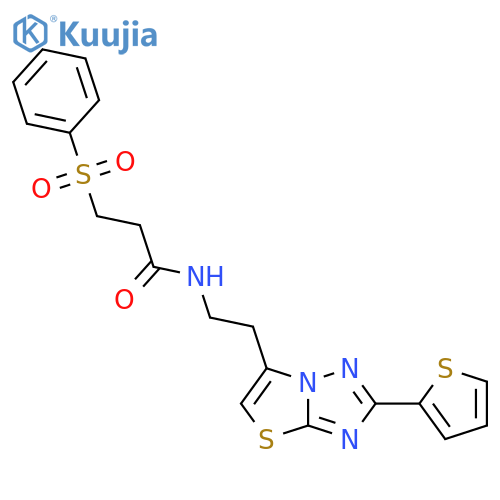 3-(benzenesulfonyl)-N-{2-2-(thiophen-2-yl)-1,2,4triazolo3,2-b1,3thiazol-6-ylethyl}propanamide structure
