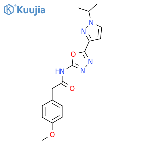 2-(4-methoxyphenyl)-N-{5-1-(propan-2-yl)-1H-pyrazol-3-yl-1,3,4-oxadiazol-2-yl}acetamide structure