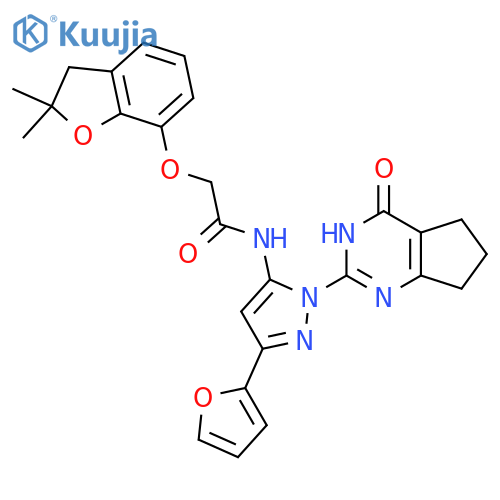 2-(2,2-dimethyl-2,3-dihydro-1-benzofuran-7-yl)oxy-N-3-(furan-2-yl)-1-{4-oxo-3H,4H,5H,6H,7H-cyclopentadpyrimidin-2-yl}-1H-pyrazol-5-ylacetamide structure