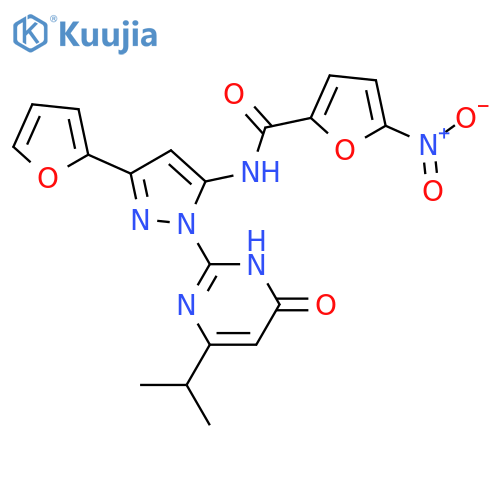 N-3-(furan-2-yl)-1-6-oxo-4-(propan-2-yl)-1,6-dihydropyrimidin-2-yl-1H-pyrazol-5-yl-5-nitrofuran-2-carboxamide structure