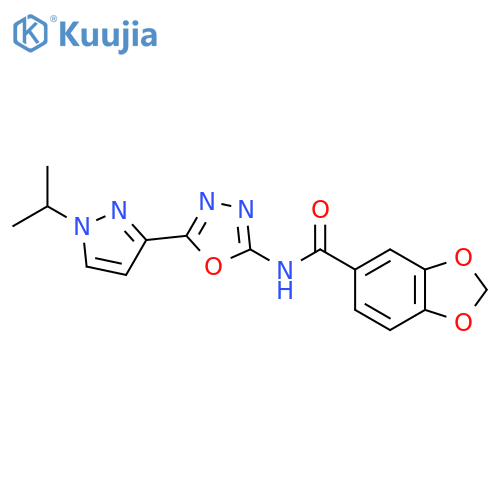 N-{5-1-(propan-2-yl)-1H-pyrazol-3-yl-1,3,4-oxadiazol-2-yl}-2H-1,3-benzodioxole-5-carboxamide structure