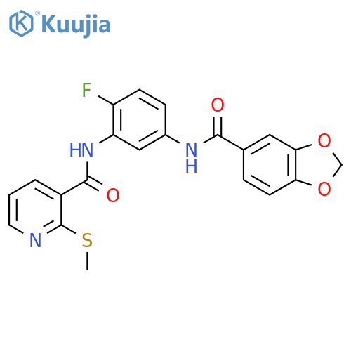 N-[5-(1,3-benzodioxole-5-carbonylamino)-2-fluorophenyl]-2-methylsulfanylpyridine-3-carboxamide structure