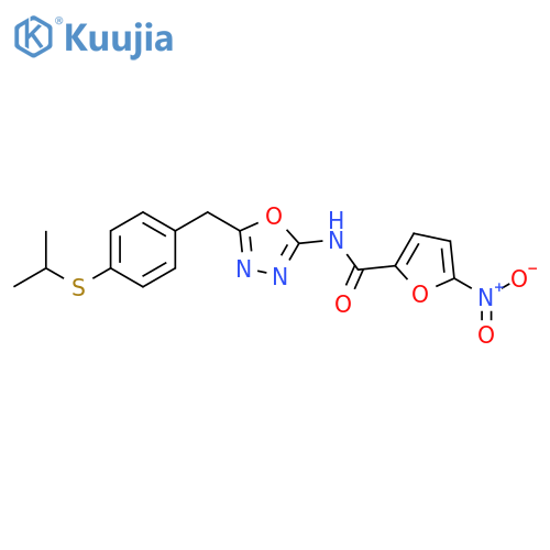5-nitro-N-(5-{4-(propan-2-ylsulfanyl)phenylmethyl}-1,3,4-oxadiazol-2-yl)furan-2-carboxamide structure